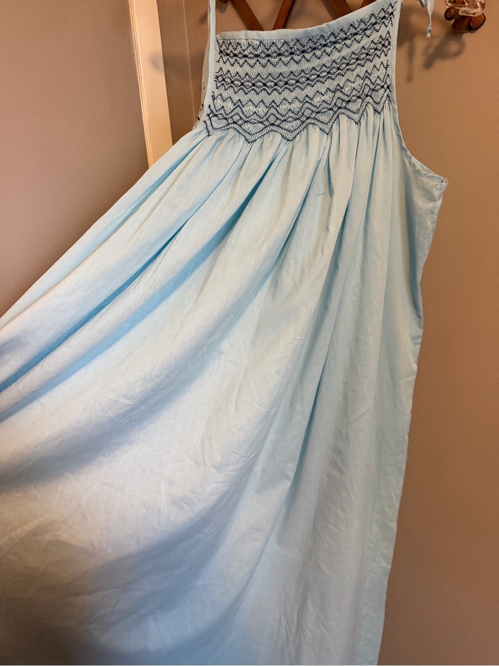 Vintage Smocked Embroidered Cotton Sundress Light Blue XL
